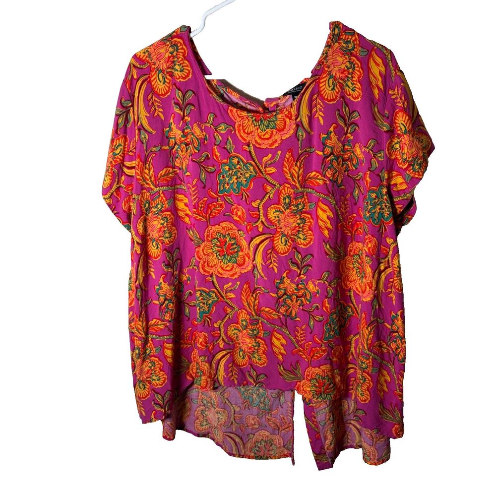 Jones & Co Blouse Women's 3X Round Neck Button Back Short Sleeve Floral Top